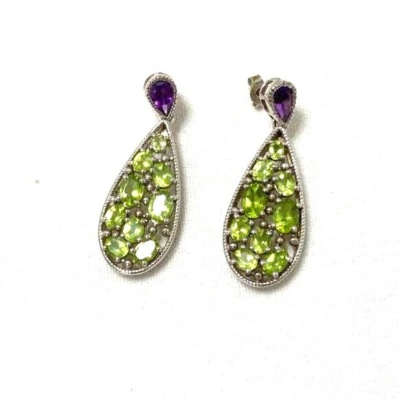 Peridot & Amethyst Sterling Earrings Marked SAM 925 Statement Elegant Fancy - Picture 4 of 4